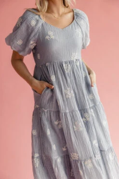 Embroidered Blue Tiered Dress with Pockets - Marisette -ROOLEE FASHION SHOP 7W4A2078