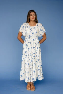 Blue Floral Flutter Sleeve Nursing Dress with Hidden Zippers and Pockets -ROOLEE FASHION SHOP 7W4A2089