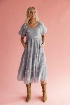 Embroidered Blue Tiered Dress with Pockets - Marisette