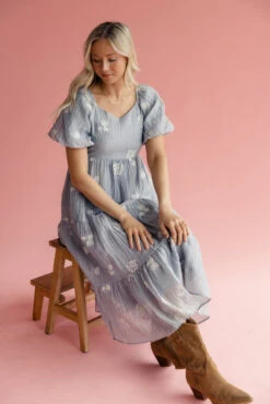 Embroidered Blue Tiered Dress with Pockets - Marisette -ROOLEE FASHION SHOP 7W4A2101