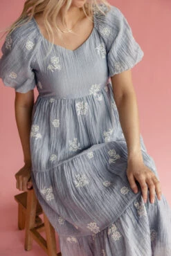 Embroidered Blue Tiered Dress with Pockets - Marisette -ROOLEE FASHION SHOP 7W4A2106