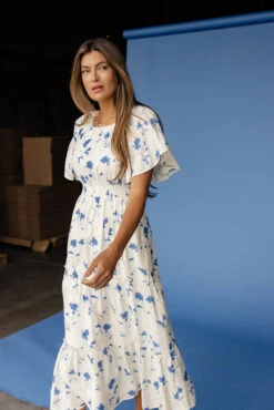 Blue Floral Flutter Sleeve Nursing Dress with Hidden Zippers and Pockets
