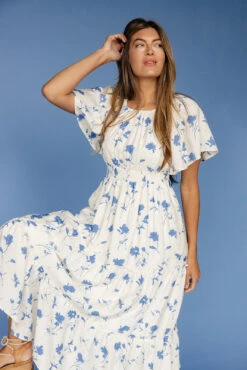 Blue Floral Flutter Sleeve Nursing Dress with Hidden Zippers and Pockets -ROOLEE FASHION SHOP 7W4A2153 41b0e148 2c29 4665 a92a 6b661675cfa7