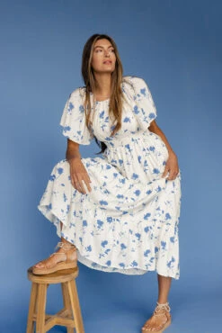 Blue Floral Flutter Sleeve Nursing Dress with Hidden Zippers and Pockets -ROOLEE FASHION SHOP 7W4A2158