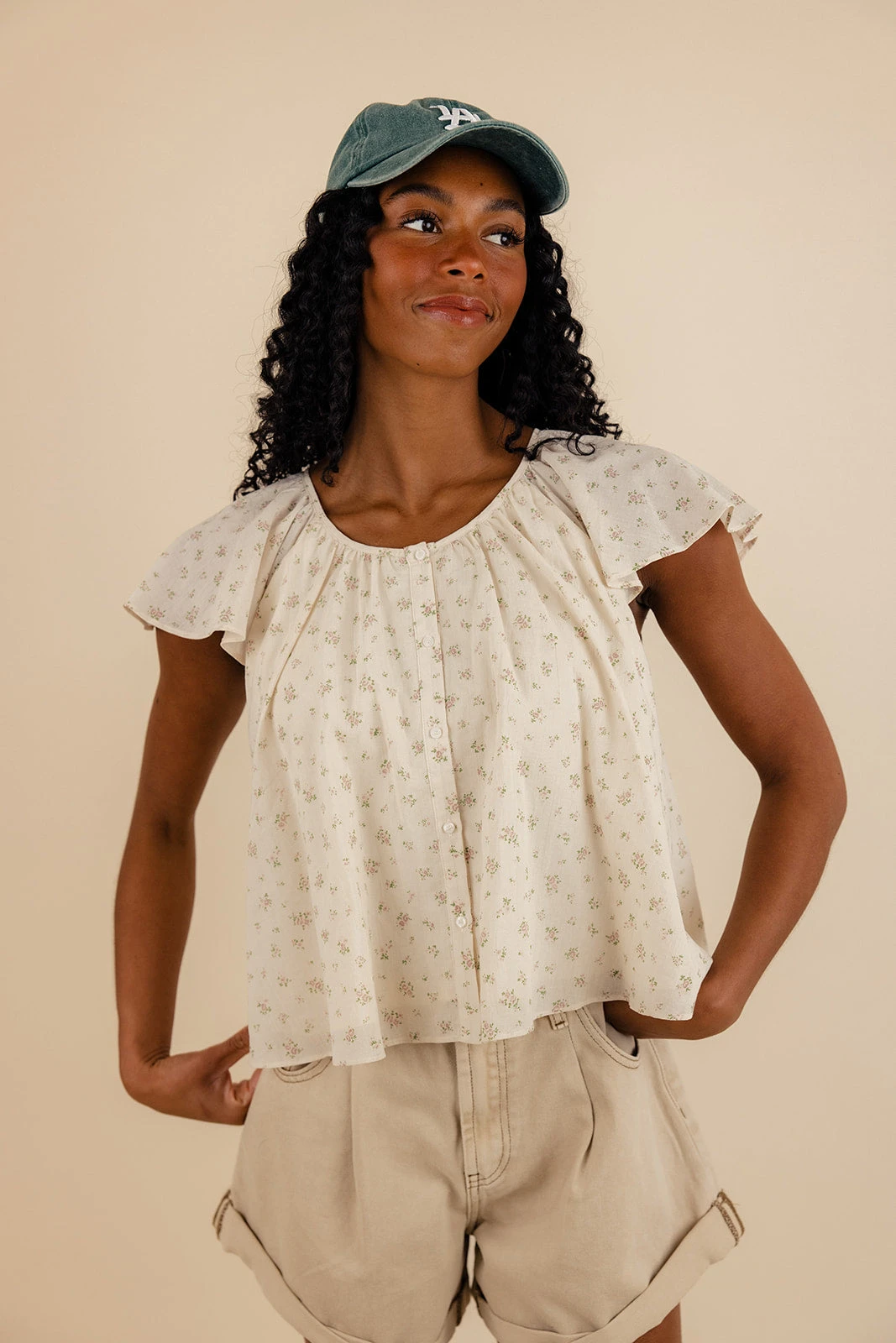 Flutter Sleeve Blouse - Versatile Button-Down Top with Gathered Neckline 6 Flutter Sleeve Blouse - Versatile Button-Down Top with Gathered Neckline - Image 4