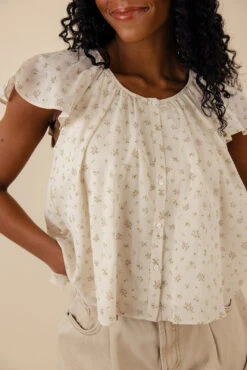 Flutter Sleeve Blouse - Versatile Button-Down Top with Gathered Neckline