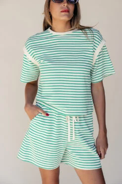 Green and White Striped Drawstring Shorts - Relaxed Fit -ROOLEE FASHION SHOP 7W4A2366 838322e2 fb07 4b86 b5b2 825268b59256