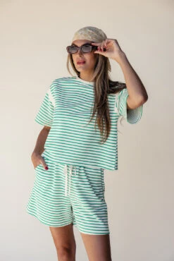 Green and White Striped Drawstring Shorts - Relaxed Fit