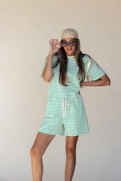 Green and White Striped Drawstring Shorts - Relaxed Fit -ROOLEE FASHION SHOP 7W4A2401