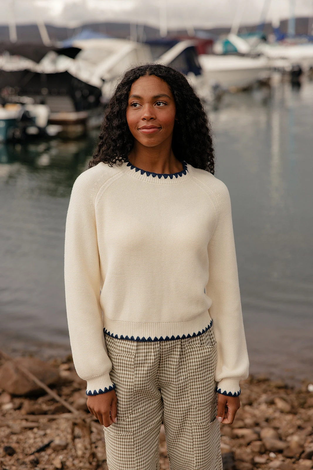 Ivory Boxy Knit Sweater with Navy Contrast Trim 7 Ivory Boxy Knit Sweater with Navy Contrast Trim - Image 5