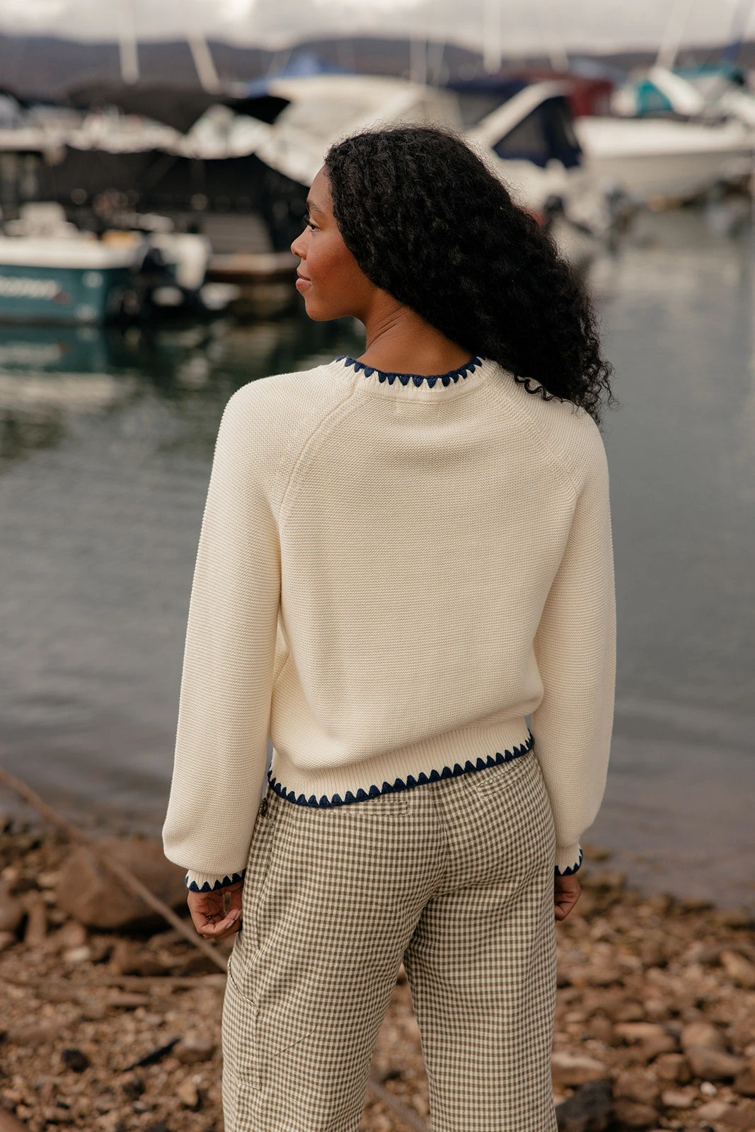 Ivory Boxy Knit Sweater with Navy Contrast Trim 8 Ivory Boxy Knit Sweater with Navy Contrast Trim - Image 6