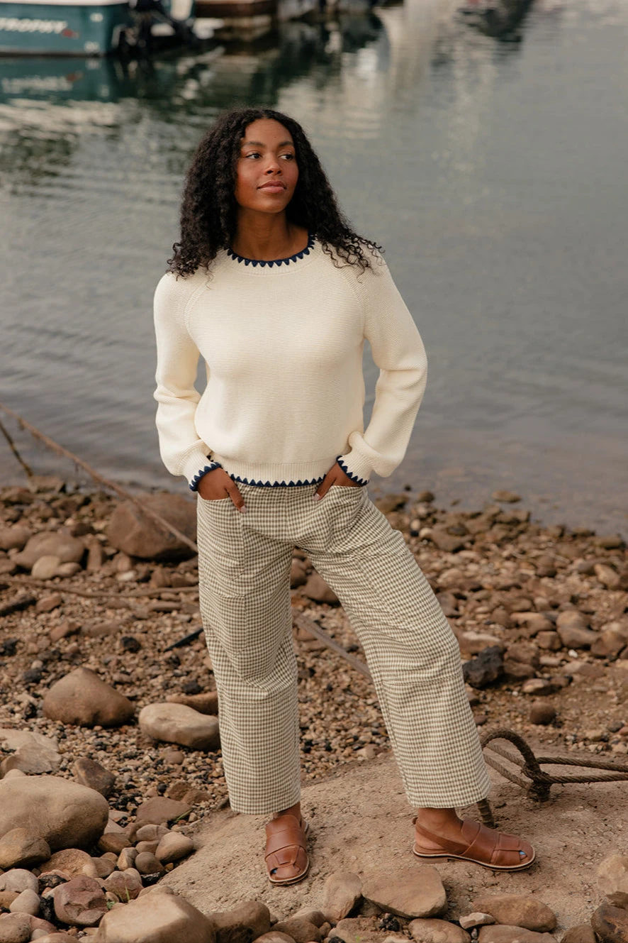Ivory Boxy Knit Sweater with Navy Contrast Trim 6 Ivory Boxy Knit Sweater with Navy Contrast Trim - Image 4