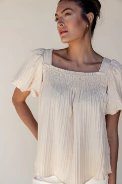 Elle Textured Square Neck Blouse with Smocked Detailing -ROOLEE FASHION SHOP 7W4A2616