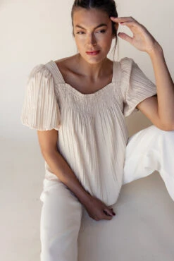 Elle Textured Square Neck Blouse with Smocked Detailing