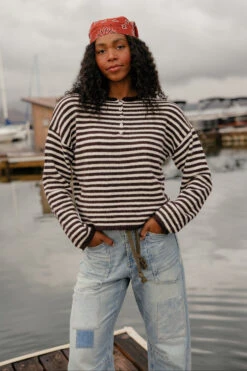 Boardwalk Striped Henley Sweater - Cozy Long Sleeve Knit Top