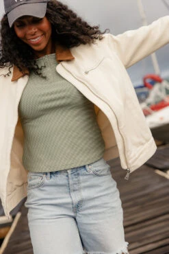 Women's Soft Ribbed Olive Henley Tee - Casual Boxy Fit Shirt