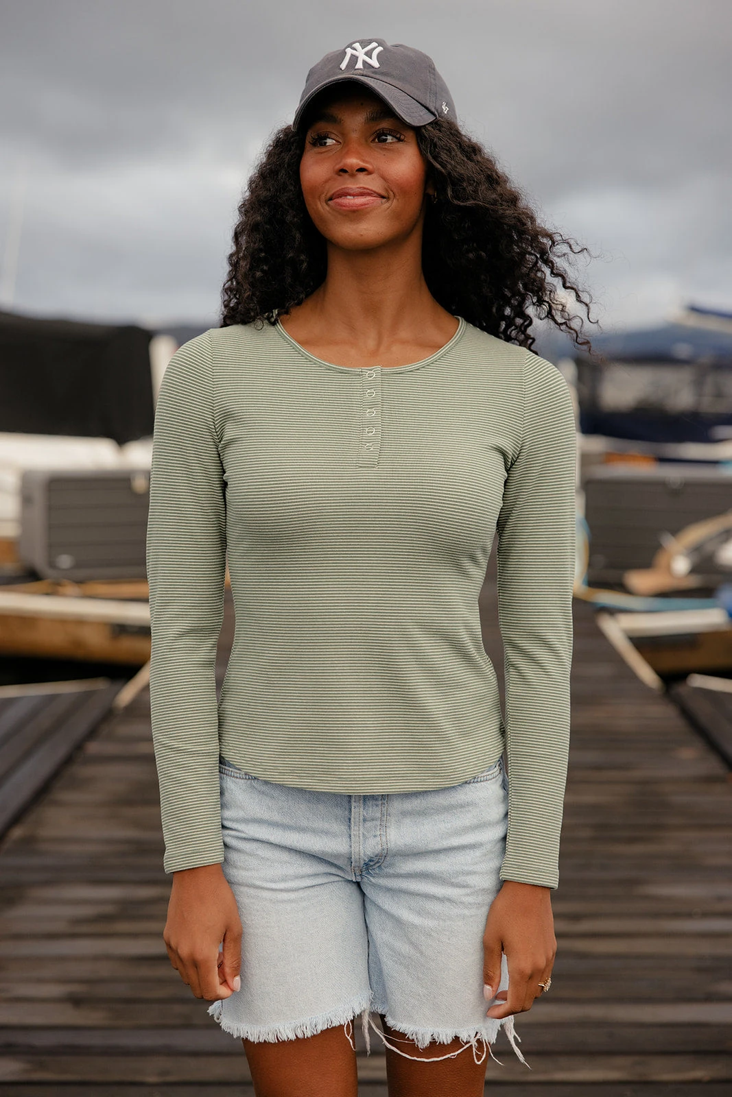 Women's Soft Ribbed Olive Henley Tee - Casual Boxy Fit Shirt 5 Women's Soft Ribbed Olive Henley Tee - Casual Boxy Fit Shirt - Image 3