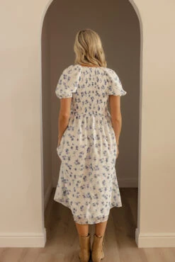 Blue Floral Smocked Midi Dress with Puff Sleeves and Pockets 12 Blue Floral Smocked Midi Dress with Puff Sleeves and Pockets -ROOLEE FASHION SHOP 7W4A3298