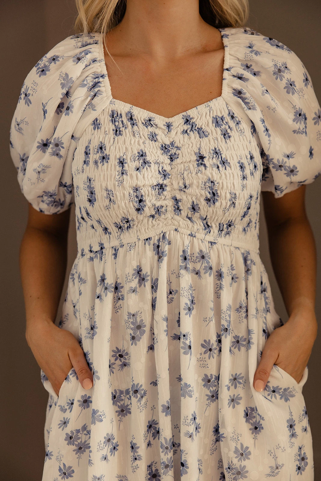 Blue Floral Smocked Midi Dress with Puff Sleeves and Pockets 4 Blue Floral Smocked Midi Dress with Puff Sleeves and Pockets - Image 2