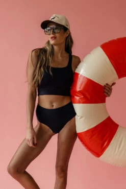 Black Ribbed Midkini Top - Supportive Sustainable Swimwear -ROOLEE FASHION SHOP 7W4A3393