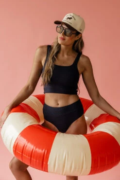 Black Flat Rib Mid Rise Bottom