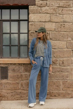 Terry Lined Wide Leg Relaxed Lounge Pants with Drawstring