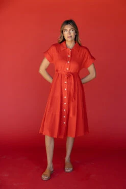 Vibrant Button-Down Midi Dress with Adjustable Waist Tie - Rosy Posy -ROOLEE FASHION SHOP 7W4A4867