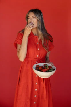 Vibrant Button-Down Midi Dress with Adjustable Waist Tie - Rosy Posy