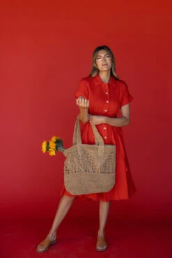 Vibrant Button-Down Midi Dress with Adjustable Waist Tie - Rosy Posy -ROOLEE FASHION SHOP 7W4A4904 097a0b33 2ec9 490f be6f 31f896bb0c38