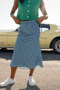 Blue Floral Silk Midi Skirt with Elastic Waistband