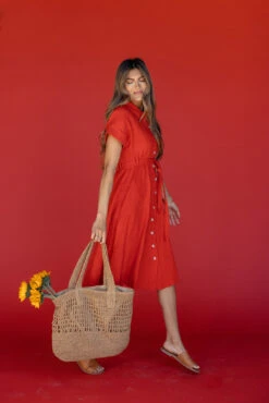 Vibrant Button-Down Midi Dress with Adjustable Waist Tie - Rosy Posy -ROOLEE FASHION SHOP 7W4A4936
