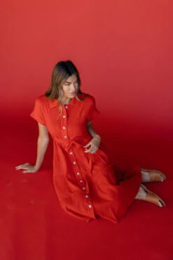 Vibrant Button-Down Midi Dress with Adjustable Waist Tie - Rosy Posy -ROOLEE FASHION SHOP 7W4A4981