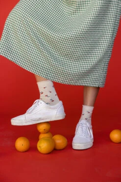 Cherry Print Crew Socks - Soft Taupe Cotton Blend Fashion Socks