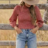 Red Smocked Long Sleeve Blouse with Puff Sleeves - Prairie Style Top -ROOLEE FASHION SHOP 7W4A5074
