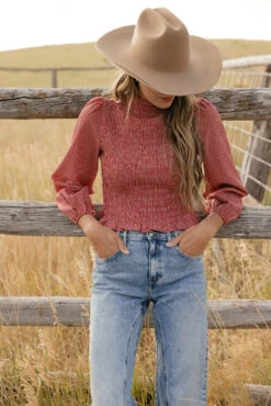 Red Smocked Long Sleeve Blouse with Puff Sleeves - Prairie Style Top