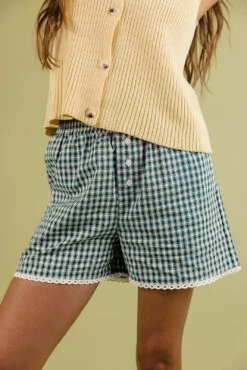 Festive Gingham Christmas Pajama Shorts for Women with Lace Trim