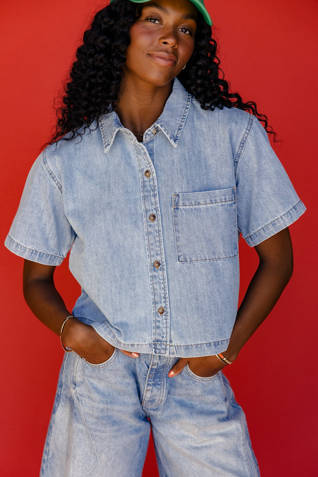 Short Sleeve Denim Button Down Blouse: Relaxed Western Style 3 Short Sleeve Denim Button Down Blouse: Relaxed Western Style
