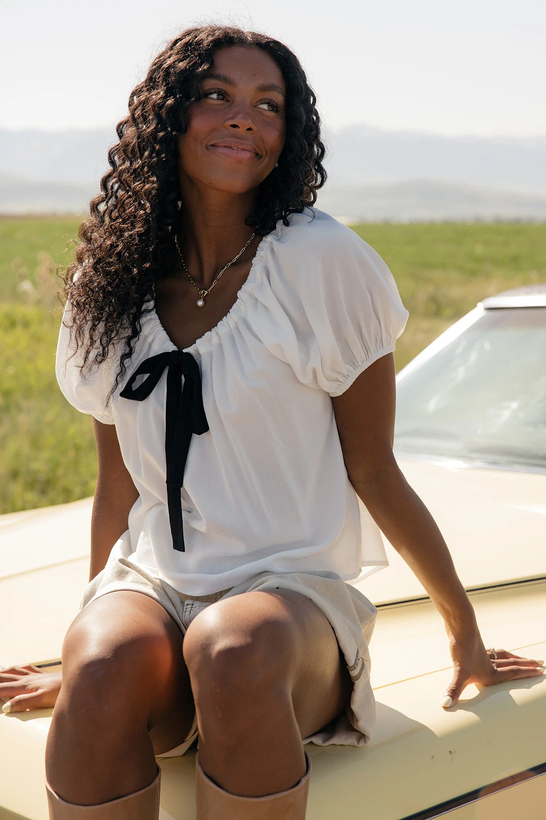 Elegant Bow Tie Blouse with Gathered Neckline - Versatile Summer Top 4 Elegant Bow Tie Blouse with Gathered Neckline - Versatile Summer Top - Image 2