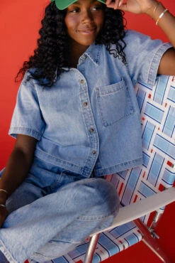 Short Sleeve Denim Button Down Blouse: Relaxed Western Style 18 Short Sleeve Denim Button Down Blouse: Relaxed Western Style -ROOLEE FASHION SHOP 7W4A5229