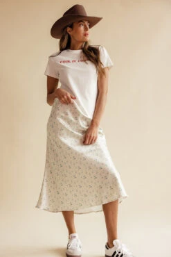 Floral Satin Midi Skirt - Flowy Romantic Print with Elastic Waist