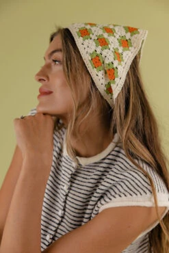 Crochet Hair Scarf - Boho Granny Square Bandana with Straps