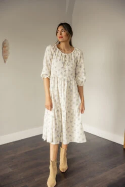 Floral Gauze Midi Dress with Tiered Skirt and Pockets -ROOLEE FASHION SHOP 7W4A5444