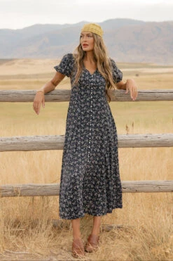 Floral V-Neck Maxi Dress with Pockets and Puff Sleeves