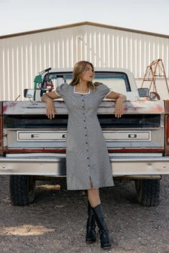 Independence Navy Gingham Square Neck Dress with Tie Back