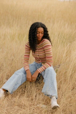 Striped Button-Up Cardigan - Colorful Tight-Knit Stretchy Sweater -ROOLEE FASHION SHOP 7W4A5548