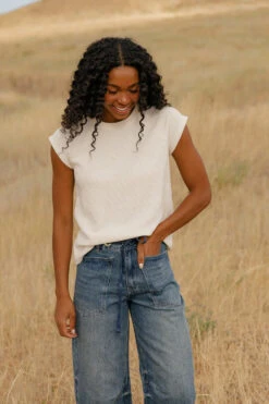 Soft Textured Cap Sleeve Raglan Tee in White