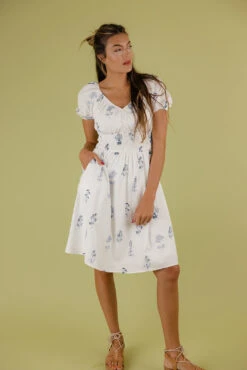 Floral Embroidered V-Neck Dress with Puff Sleeves and Pockets