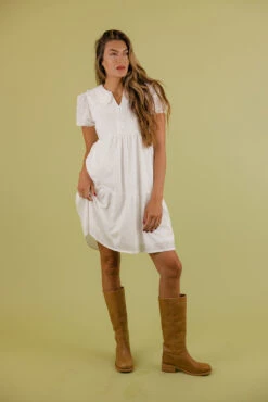 White Peter Pan Collar Dress - Sammy Textured Button-Up with Pockets -ROOLEE FASHION SHOP 7W4A5656