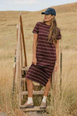 Striped Midi T-Shirt Dress with Asymmetrical Side Slit