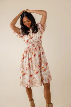 Floral Puff Sleeve Dress with Pockets and Elastic Waistband - Hestia